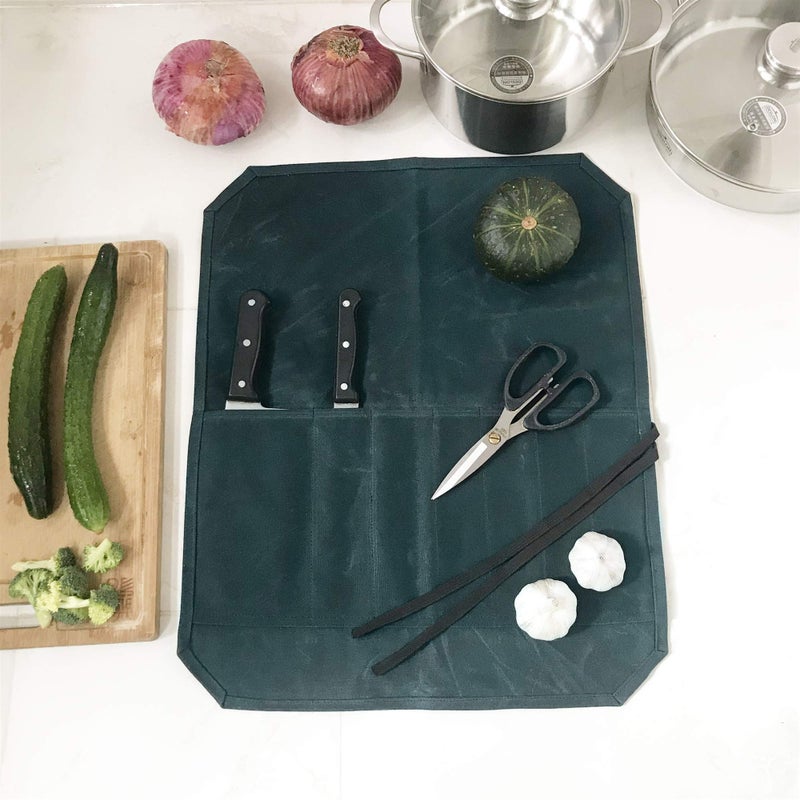 Denifiter Heavy Duty Waxed Canvas Chef Knife Storage Roll Bag With 7 Slots, Waterproof And Durable (Dark Green) - Image 5